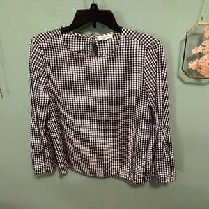 Women’s black and white check blouse, bell sleeves, M
